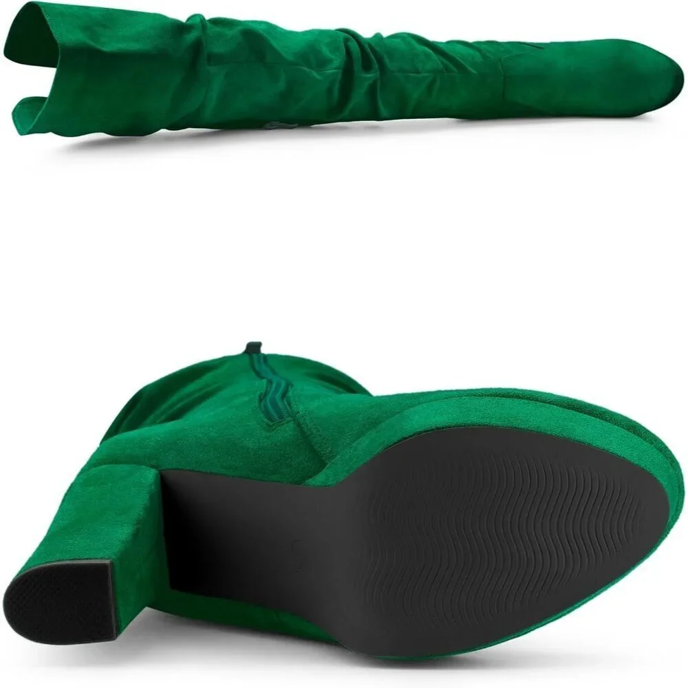 Women Green Platform Round Toe Zipper Slouch Heel Over the Knee Thigh High Boot